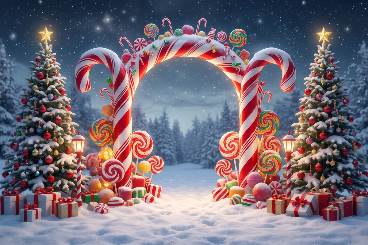 Christmas Candy Cane Backdrop Snowy Forest Lollipop Archway Christmas Party Backdrop RR610-98
