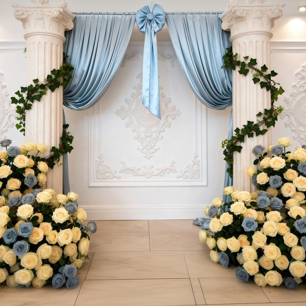 Spring Wedding Backdrop Blue Draped Rose Column Elegance Floral Backdrop RR62-10