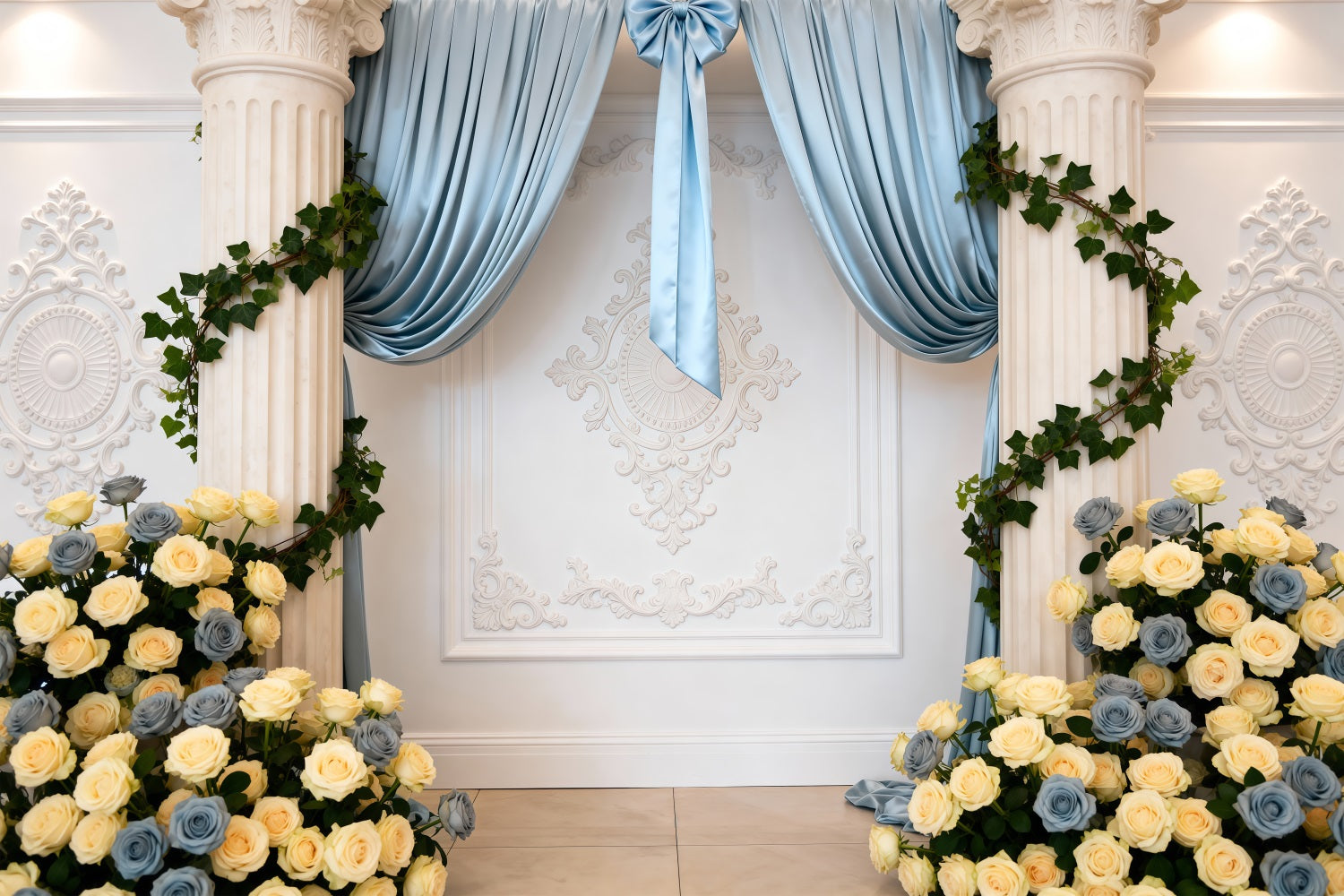 Spring Wedding Backdrop Blue Draped Rose Column Elegance Floral Backdrop RR62-10