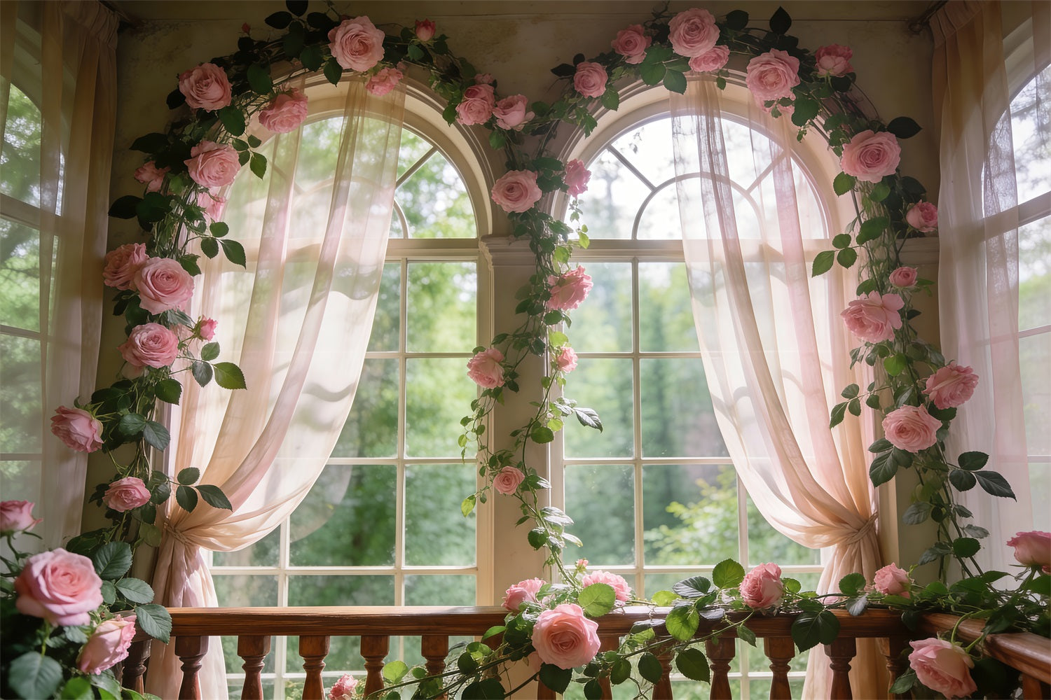 Rose Garden Backdrop Soft Pink Floral Window Glow Spring Photography Backdrops RR62-12