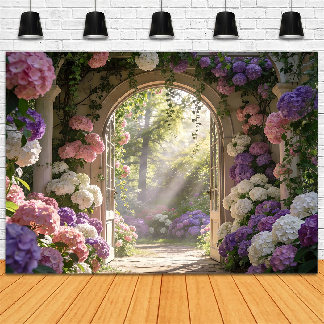 Enchanted Garden Photo Backdrop Sunlit Hydrangea Floral Archway Spring Backdrop RR62-13
