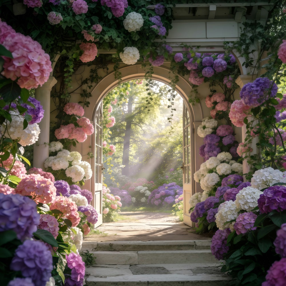 Enchanted Garden Photo Backdrop Sunlit Hydrangea Floral Archway Spring Backdrop RR62-13