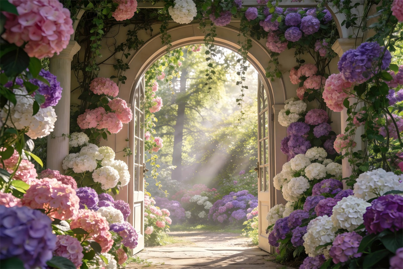 Enchanted Garden Photo Backdrop Sunlit Hydrangea Floral Archway Spring Backdrop RR62-13