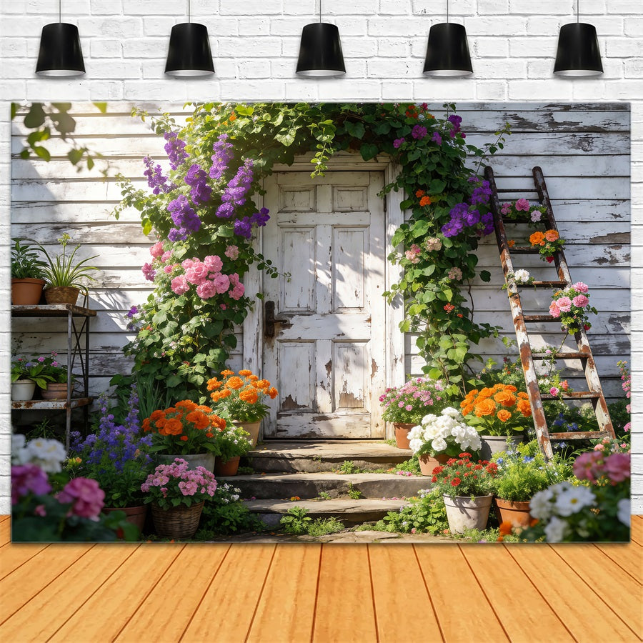 Spring Garden Backdrop Rustic Cottage Flower Doorway Floral Photography Backdrop RR62-14