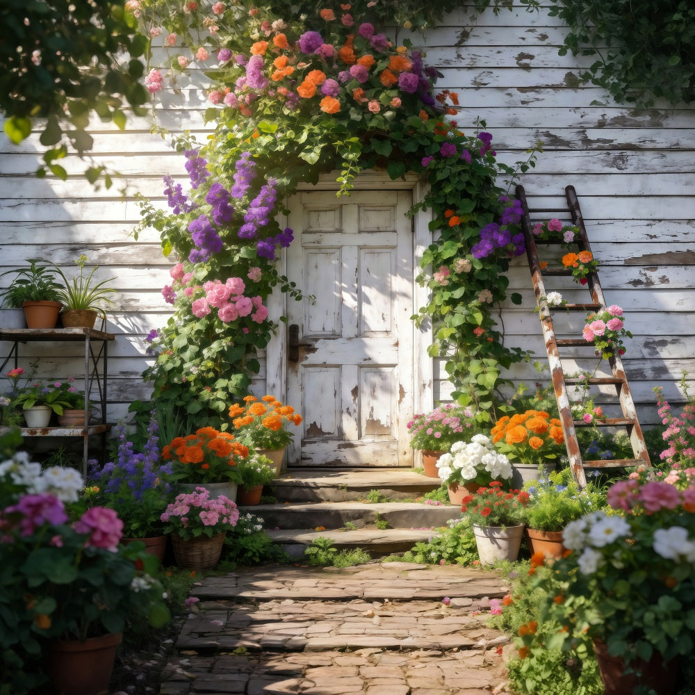 Spring Garden Backdrop Rustic Cottage Flower Doorway Floral Photography Backdrop RR62-14