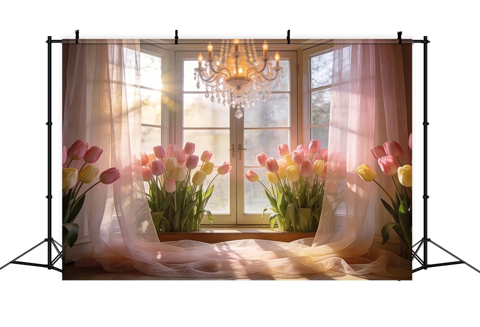 Tulip Backdrop Golden Sunlit Window Chandelier Spring Backdrops For Photography RR62-16