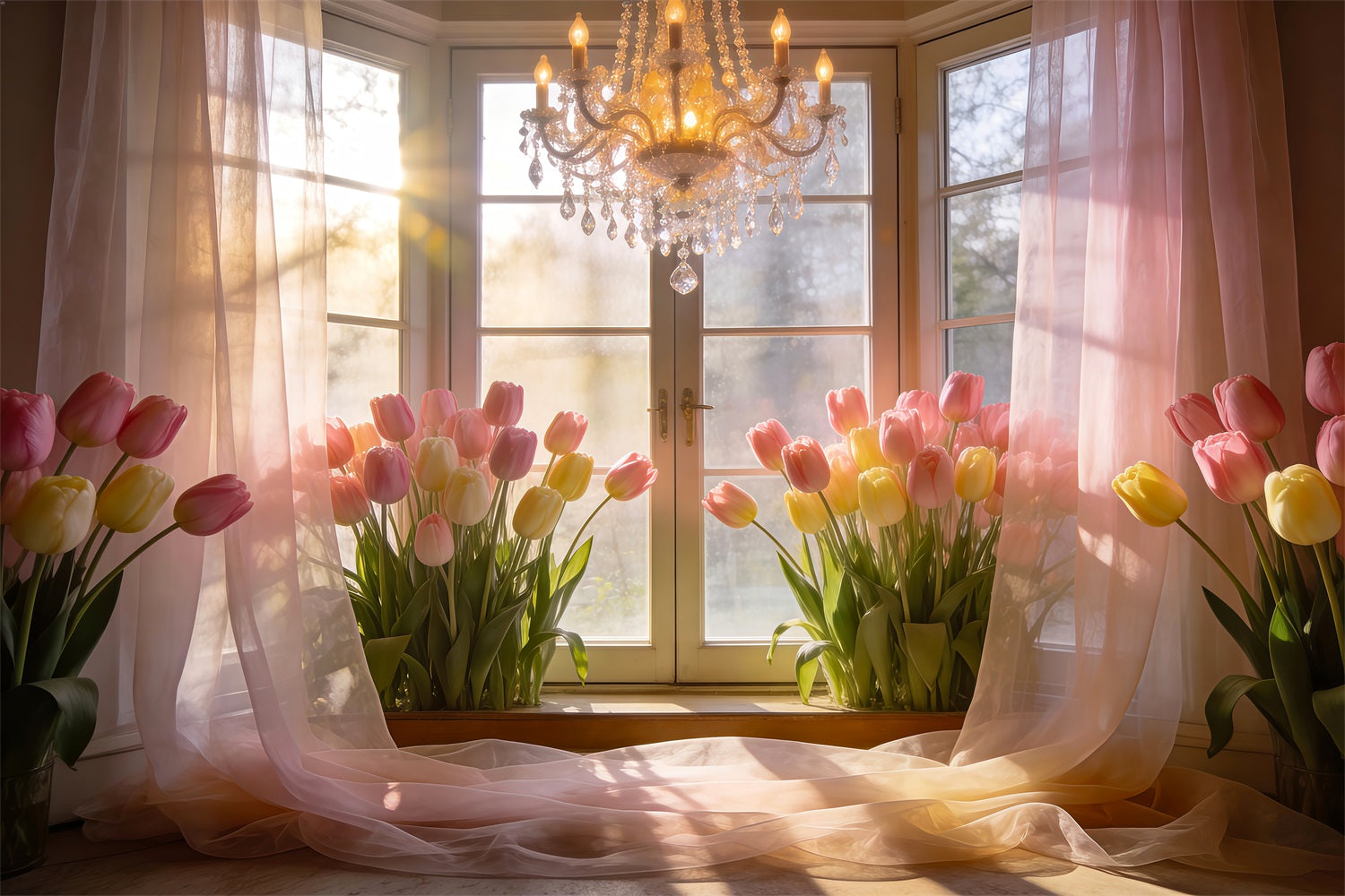 Tulip Backdrop Golden Sunlit Window Chandelier Spring Backdrops For Photography RR62-16