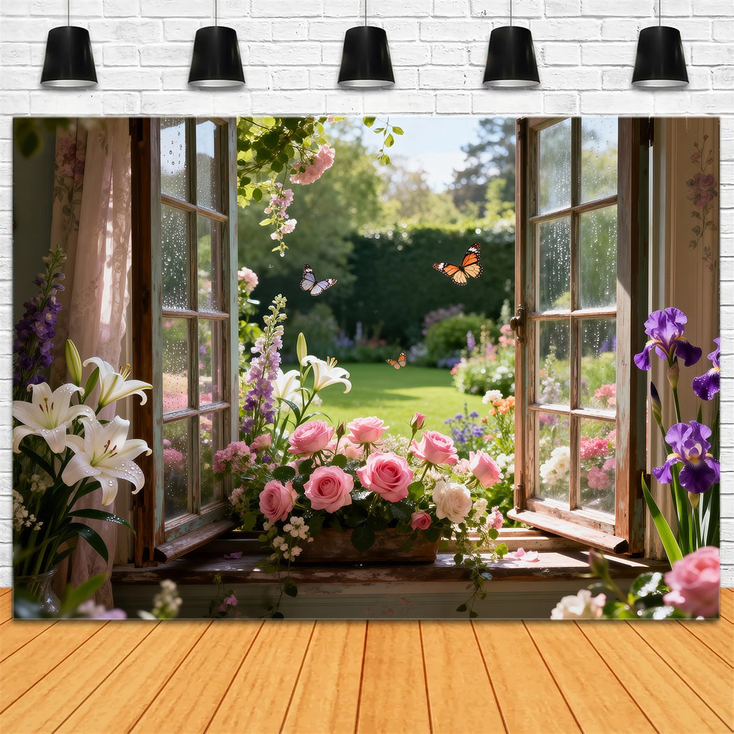 Butterfly Photo Backdrop Lily Rose Garden Window Bloom Springtime Backdrop RR62-17