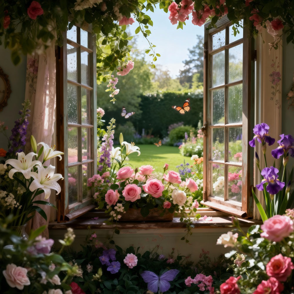 Butterfly Photo Backdrop Lily Rose Garden Window Bloom Springtime Backdrop RR62-17