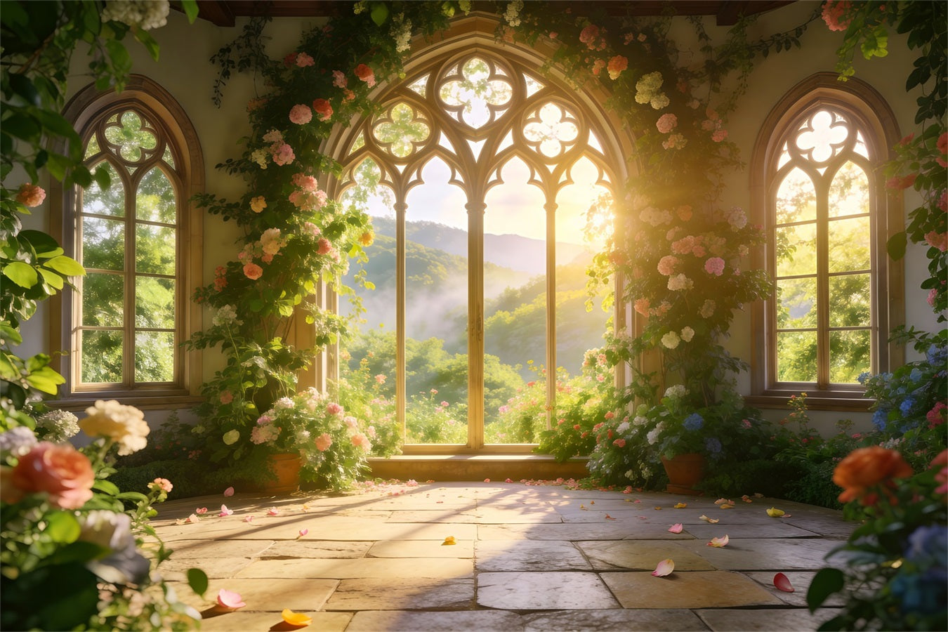 Spring Garden Backdrop Golden Valley Arch Window Floral Picture Backdrop RR62-19