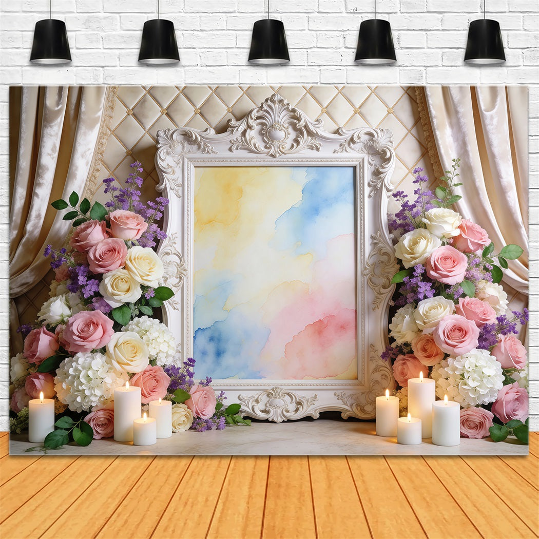 Spring Floral Backdrop Ornate Frame Watercolor Flowers Spring Backdrop Ideas RR62-2