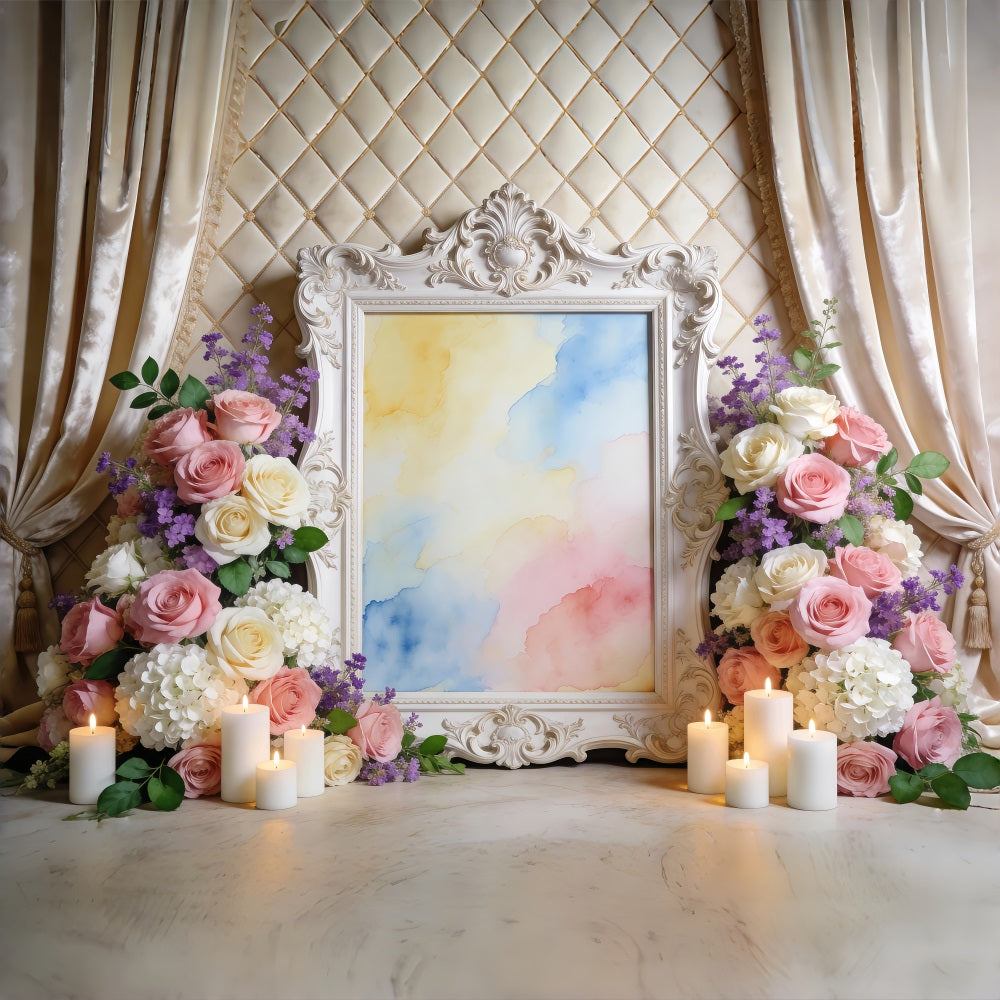 Spring Floral Backdrop Ornate Frame Watercolor Flowers Spring Backdrop Ideas RR62-2