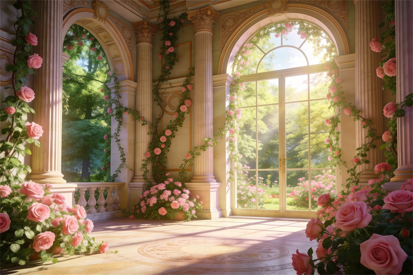 Rose Garden Backdrop Elegant Palace Flower Sunlight Spring Photo Backdrop RR62-20