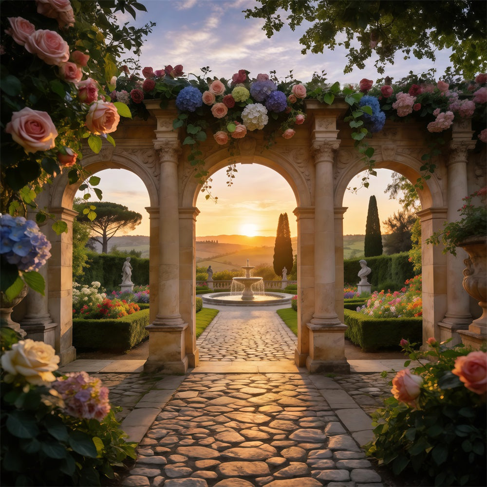 Enchanted Garden Backdrop Sunset Window Stone Archway Spring Picture Backdrop RR62-21