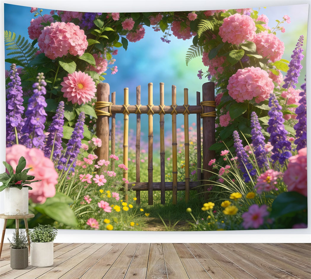 Wildflower Garland Backdrop Pastel Meadow Bamboo Gate Springtime Backdrop RR62-23