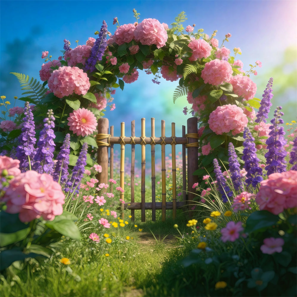 Wildflower Garland Backdrop Pastel Meadow Bamboo Gate Springtime Backdrop RR62-23
