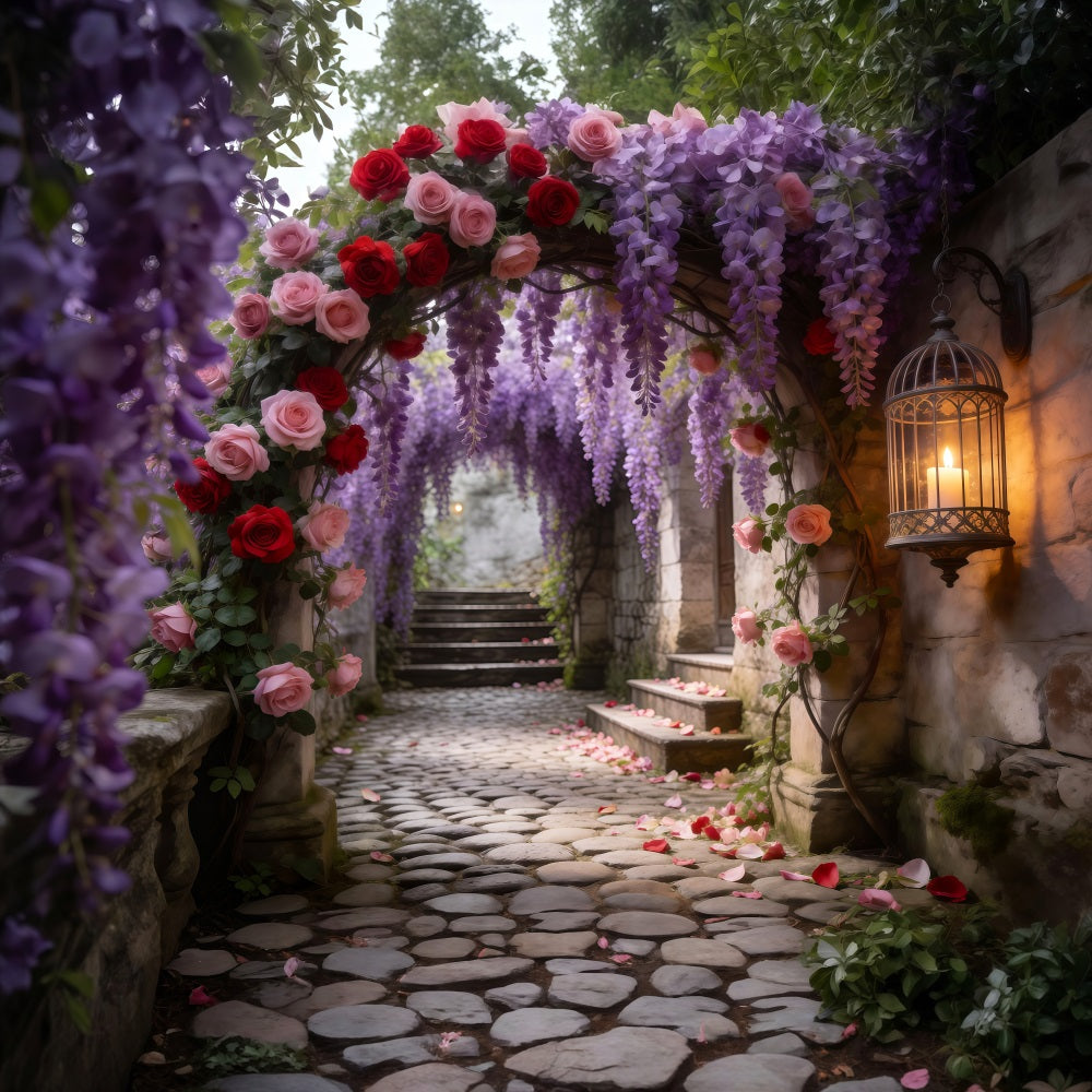 Flower Garden Backdrop Wisteria Rose Stone Passage Spring Photo Backdrop Ideas RR62-25