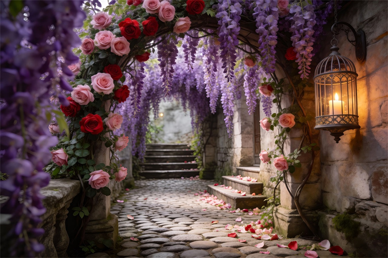 Flower Garden Backdrop Wisteria Rose Stone Passage Spring Photo Backdrop Ideas RR62-25