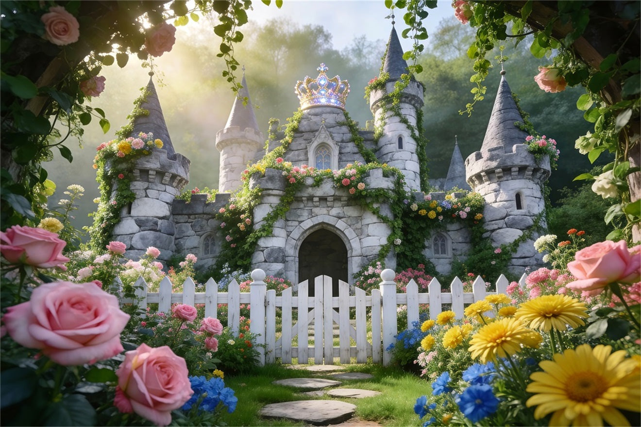 Spring Floral Backdrop Fairytale Castle Garden Bloom Photo Backdrop Spring RR62-26