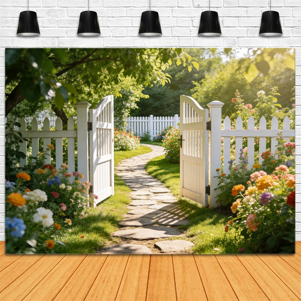 Enchanted Garden Photo Backdrop White Fence Meadow Pathway Spring Backdrops RR62-27