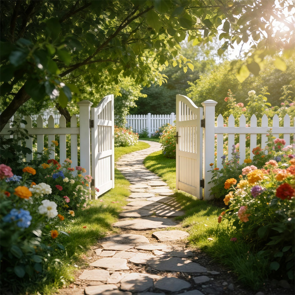 Enchanted Garden Photo Backdrop White Fence Meadow Pathway Spring Backdrops RR62-27