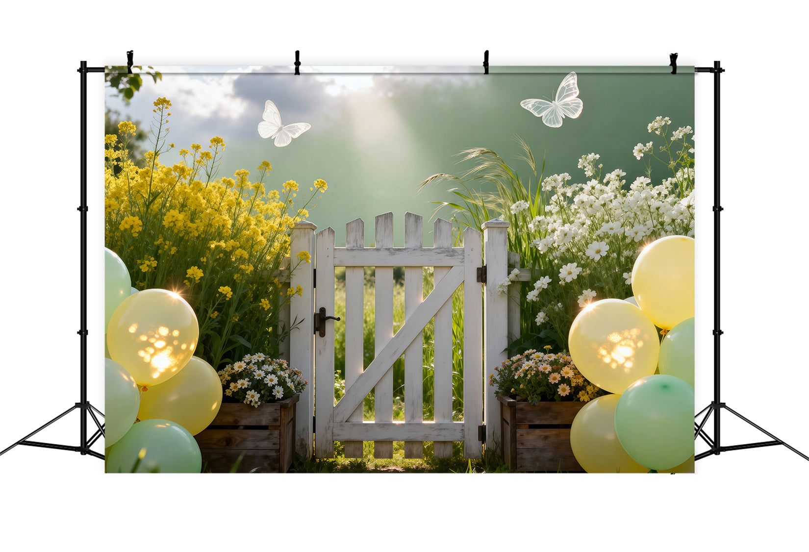 Spring Balloon Backdrop Pastel Meadow Gate Sunlight Floral Garden Backdrop RR62-28