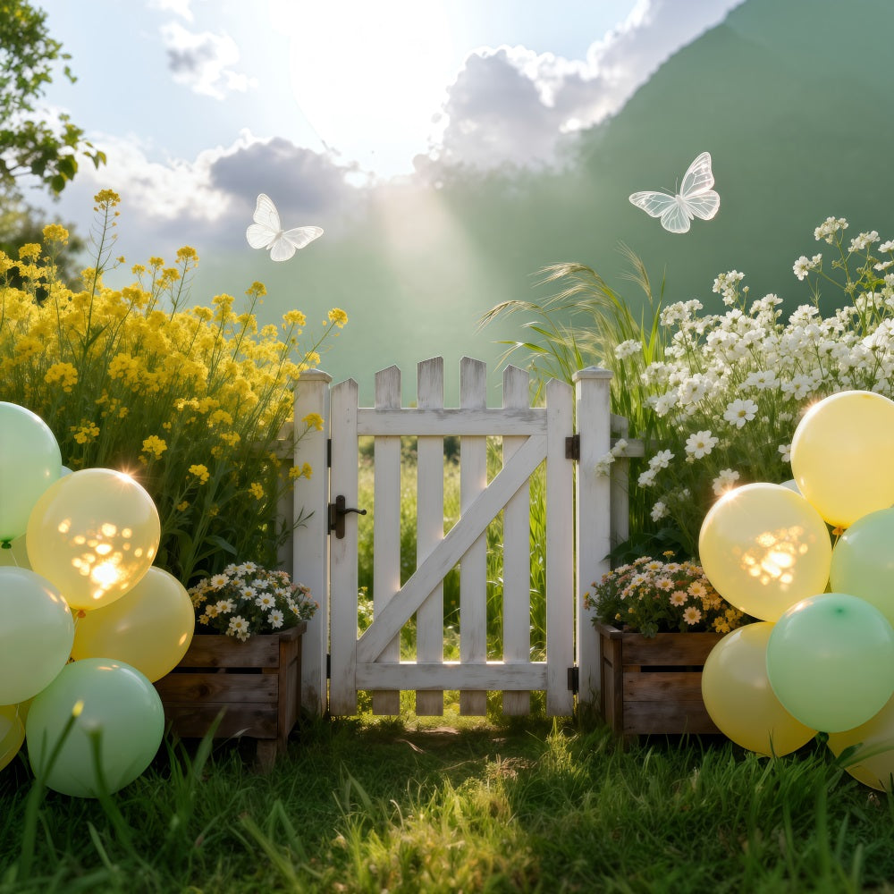 Spring Balloon Backdrop Pastel Meadow Gate Sunlight Floral Garden Backdrop RR62-28