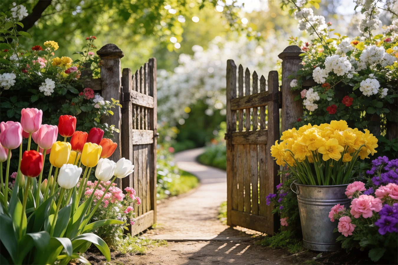 Daffodil Backdrop Tulip Garden Wooden Gate Spring Photoshoot Backdrop RR62-29