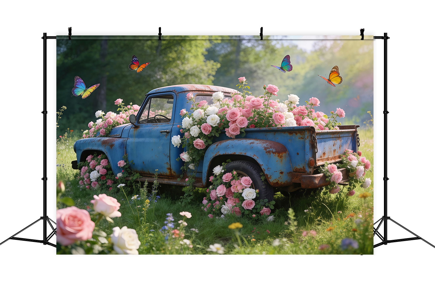 Wildflower Photo Backdrop Vintage Blue Truck Rose Meadow Spring Theme Backdrop RR62-31