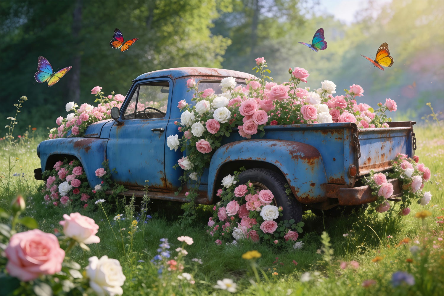 Wildflower Photo Backdrop Vintage Blue Truck Rose Meadow Spring Theme Backdrop RR62-31