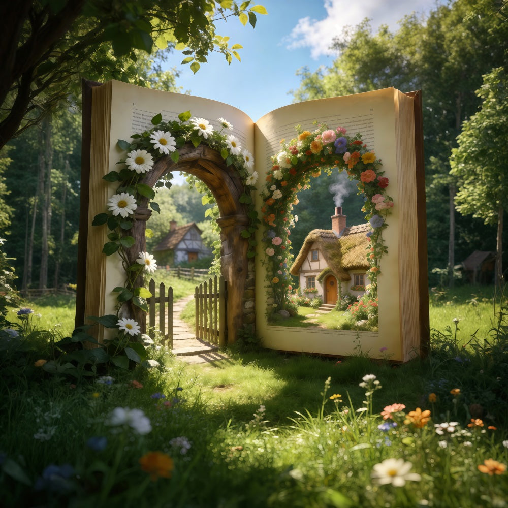 Spring Barn Backdrop Storybook Garden Cottage Gateway Floral Backdrop Photography RR62-33