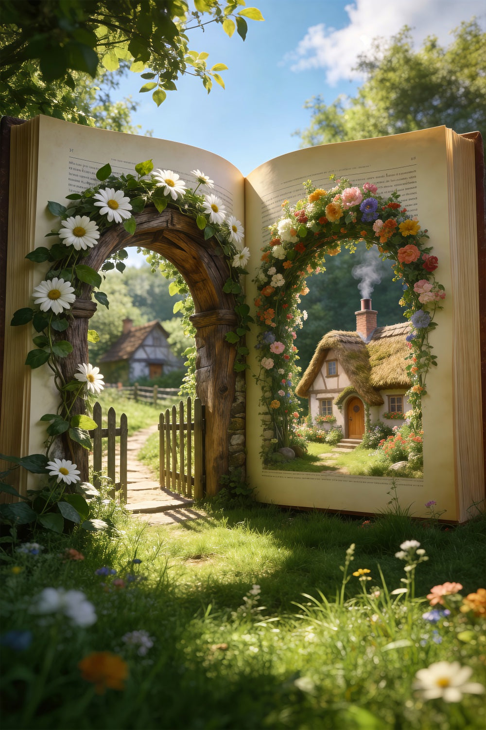 Spring Barn Backdrop Storybook Garden Cottage Gateway Floral Backdrop Photography RR62-33