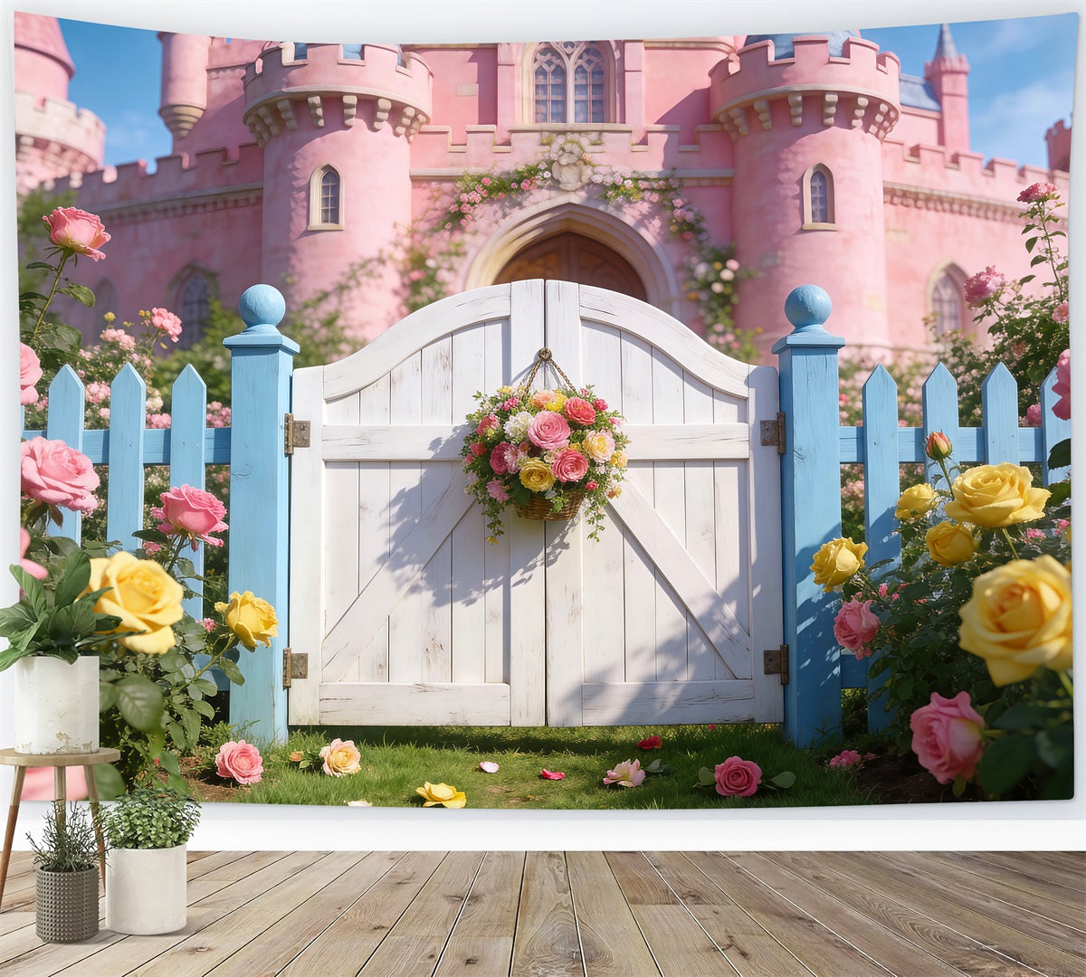 Enchanted Garden Backdrop Pink Castle Rose Floral Gate Spring Photo Backdrops RR62-35