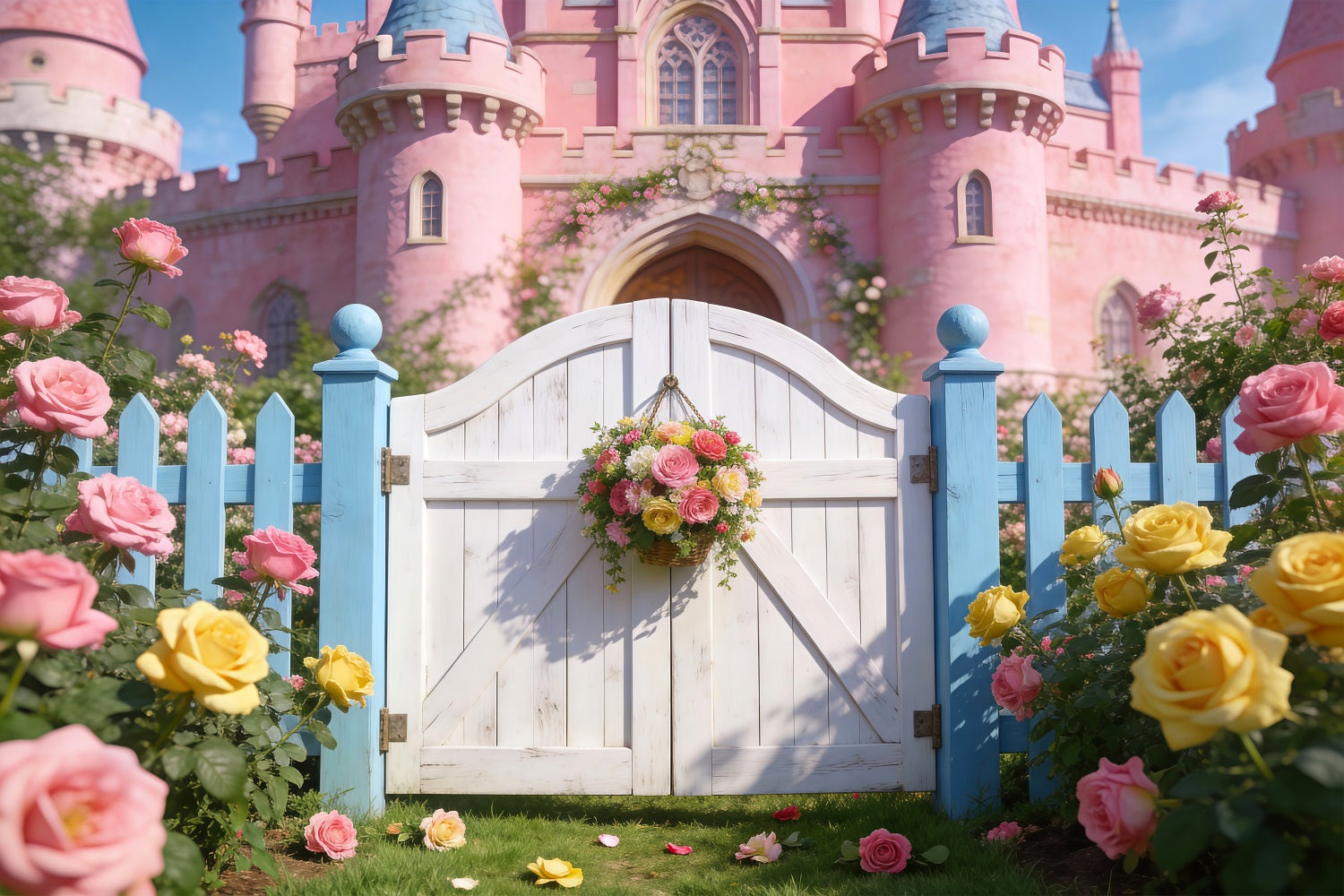 Enchanted Garden Backdrop Pink Castle Rose Floral Gate Spring Photo Backdrops RR62-35