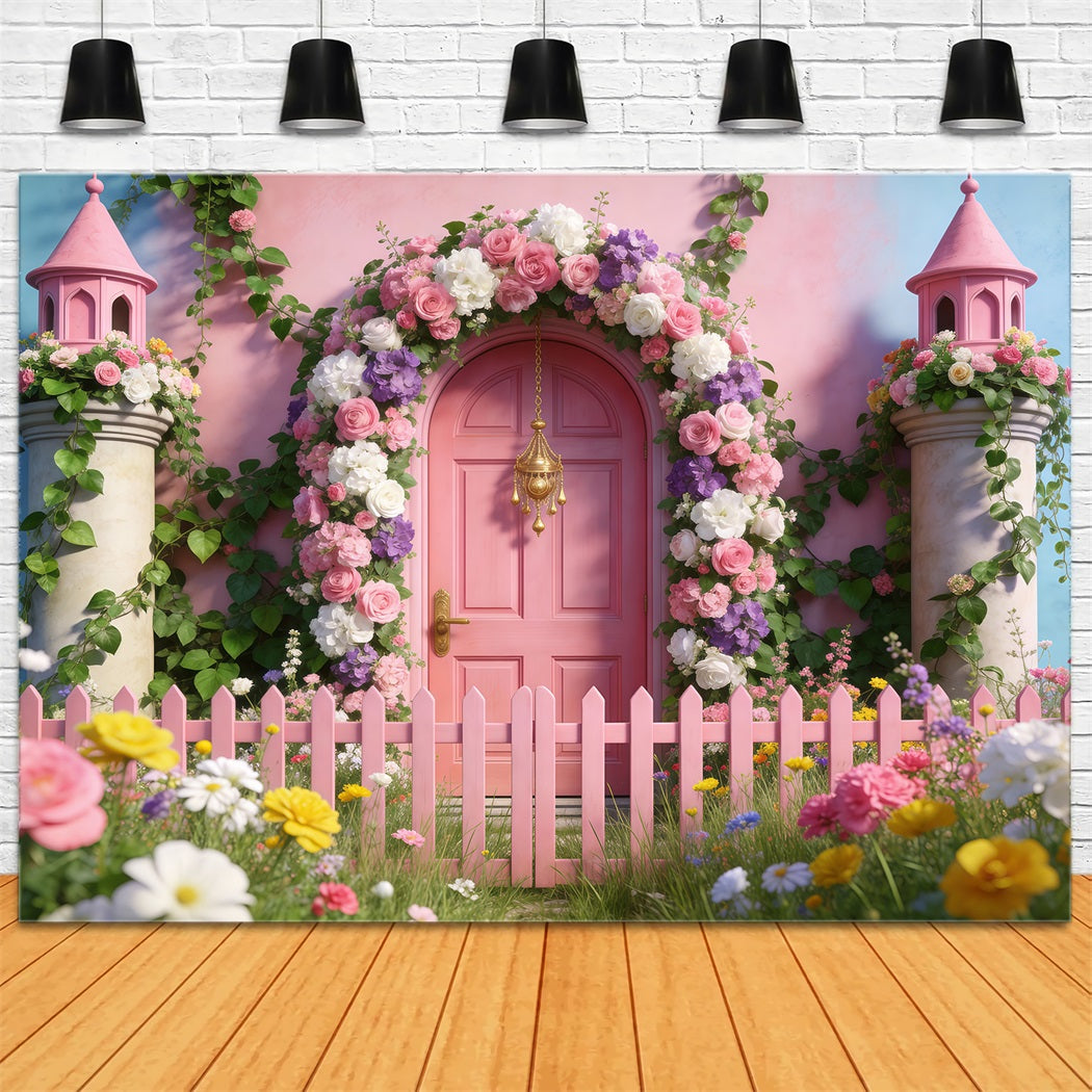 Spring Garden Backdrop Fairytale Pink Door Fence Floral Arch Backdrop RR62-38
