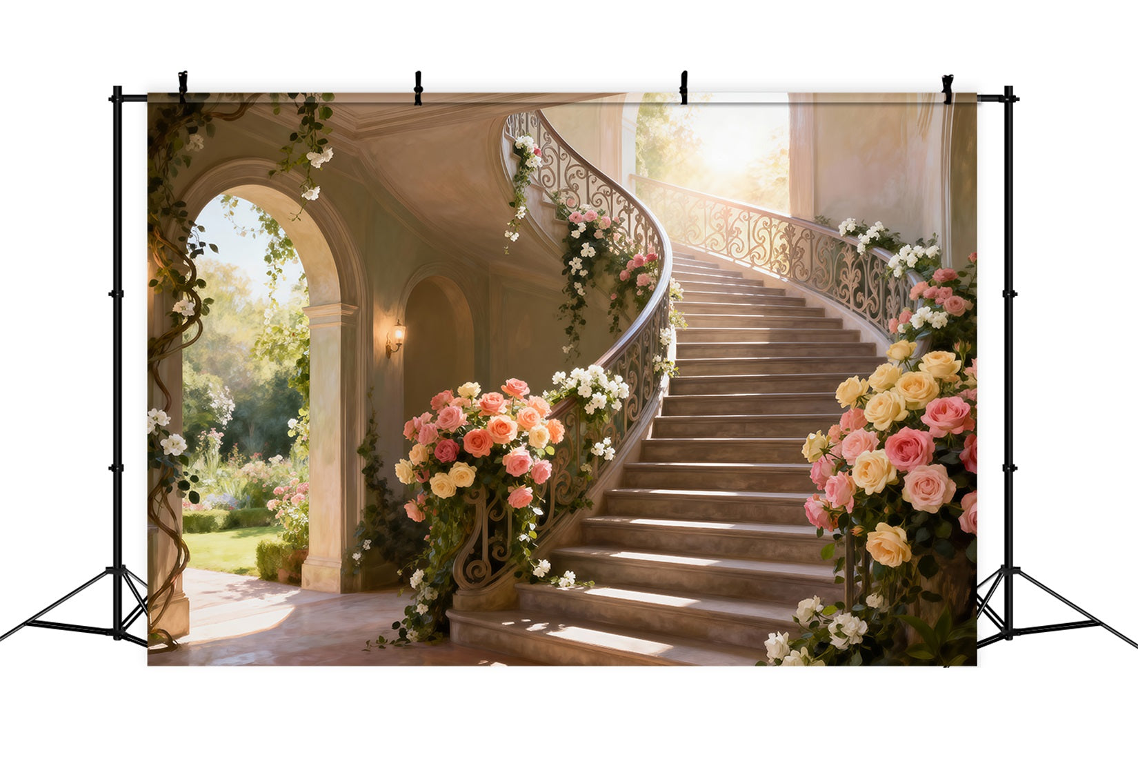 Spring Break Backdrop Sunlit Flower Grand Staircase Floral Photo Backdrops RR62-39