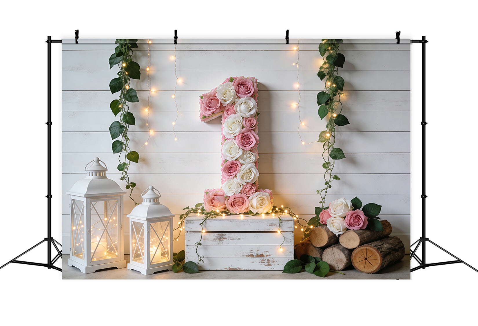 Spring Birthday Backdrop Floral Number One Rustic Charm Floral Backdrop RR62-4