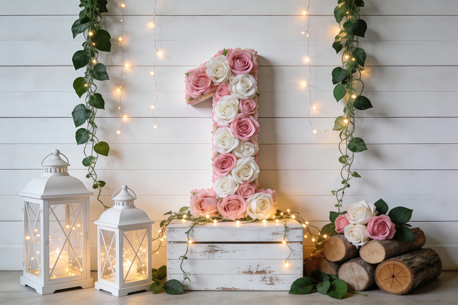 Spring Birthday Backdrop Floral Number One Rustic Charm Floral Backdrop RR62-4