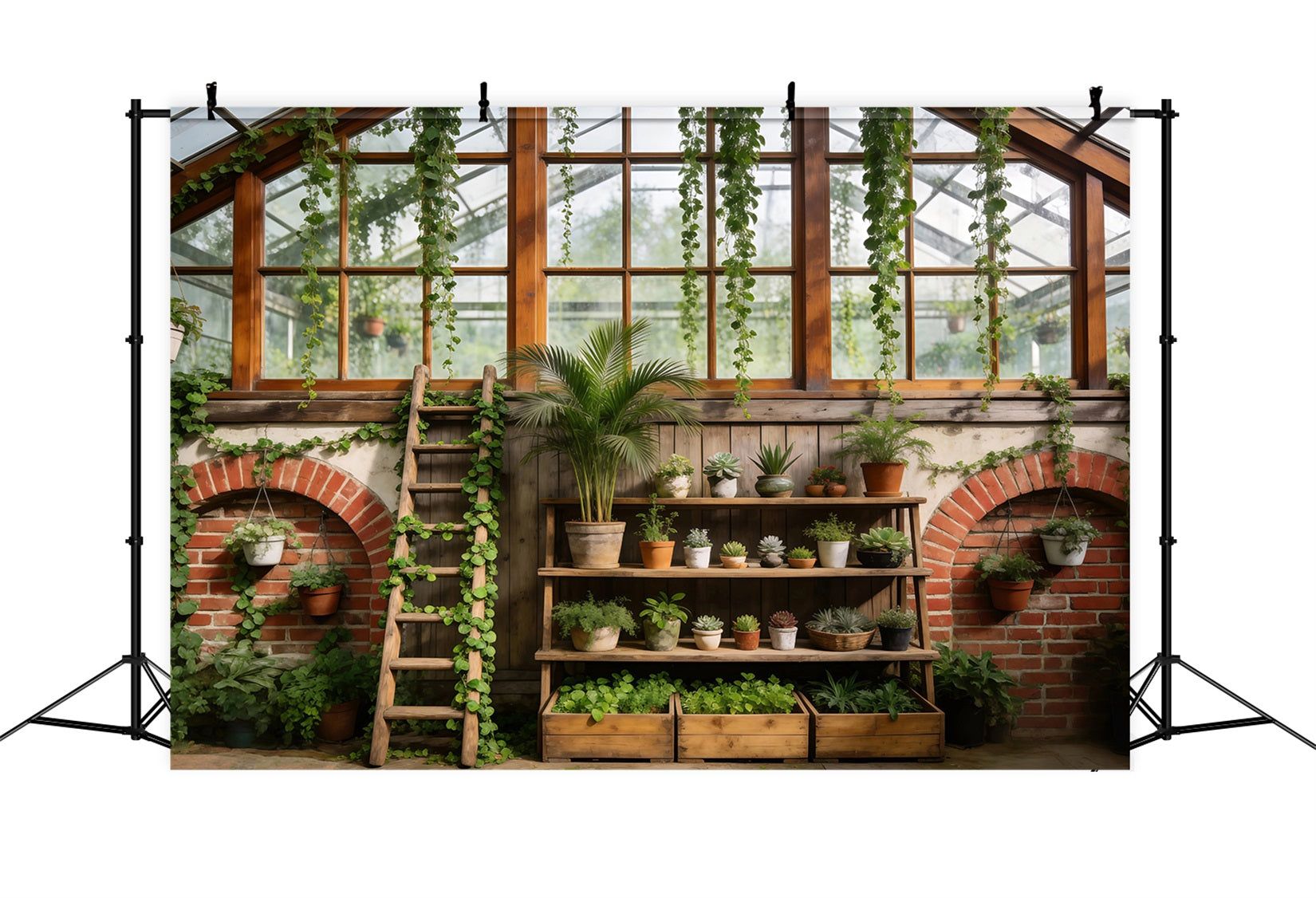 Spring Greenhouse Backdrop Rustic Botanical Shelves Photography Spring Backdrop RR62-40