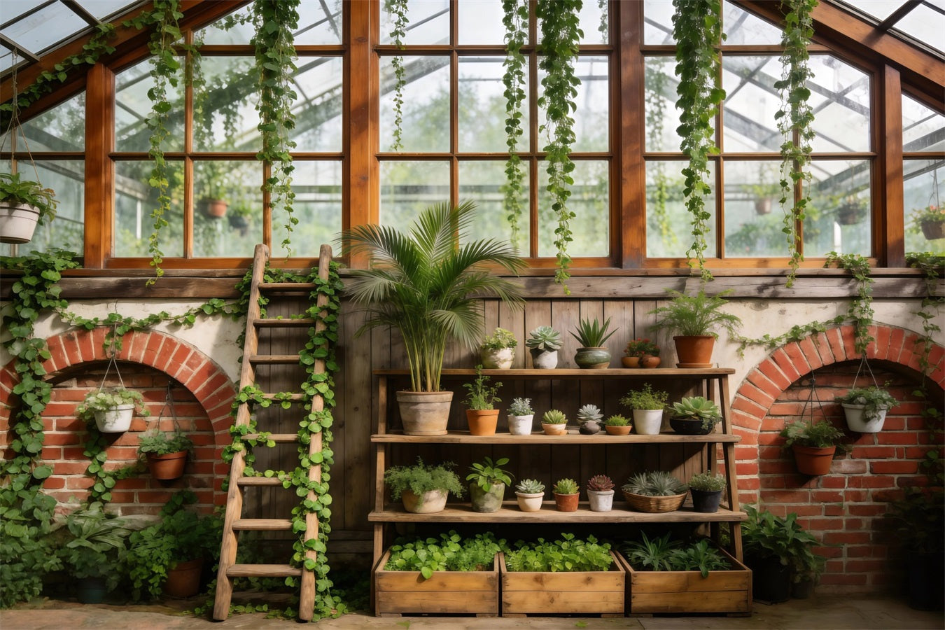 Spring Greenhouse Backdrop Rustic Botanical Shelves Photography Spring Backdrop RR62-40