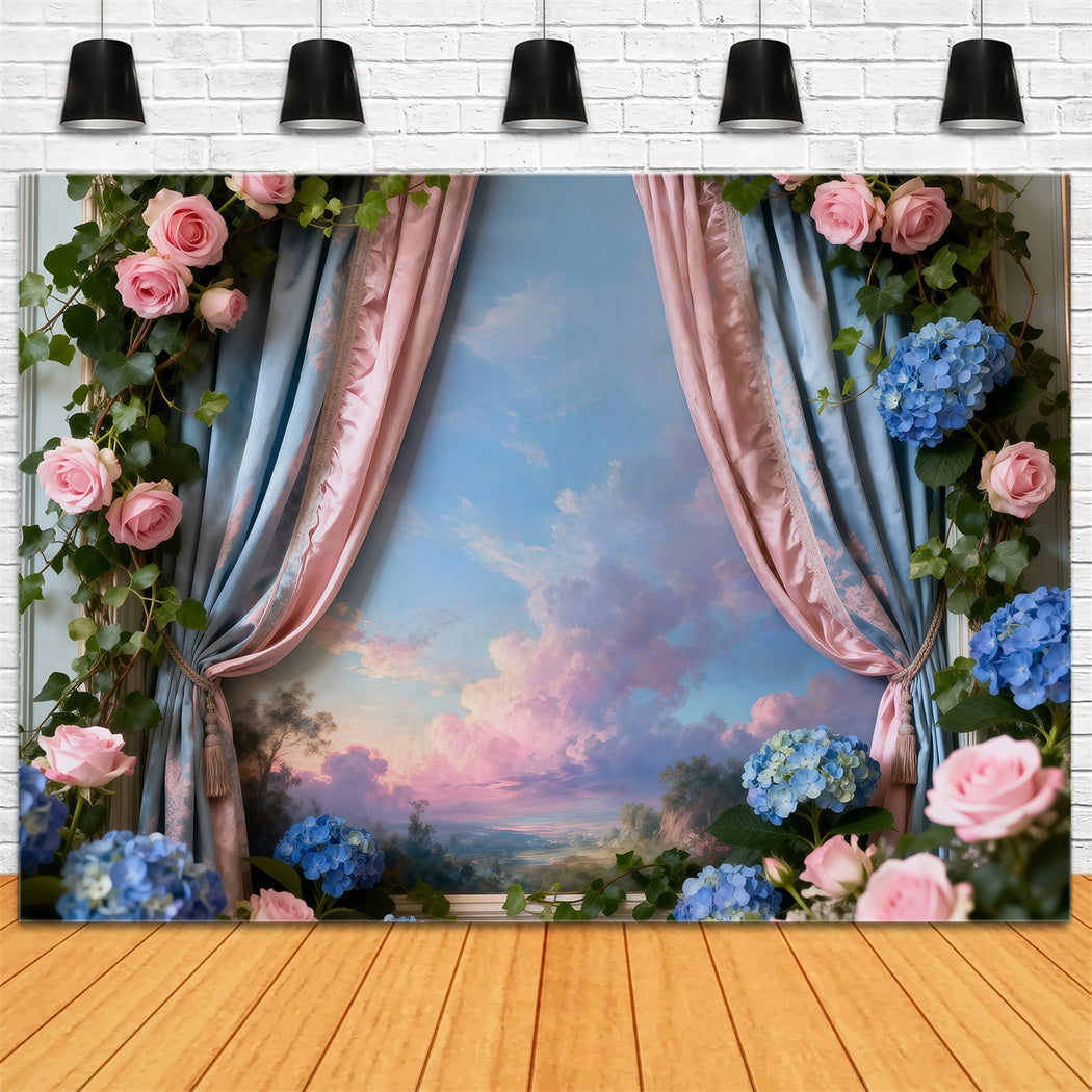 Spring Flower Backdrop Romantic Floral Window Sky View Floral Picture Backdrop RR62-42