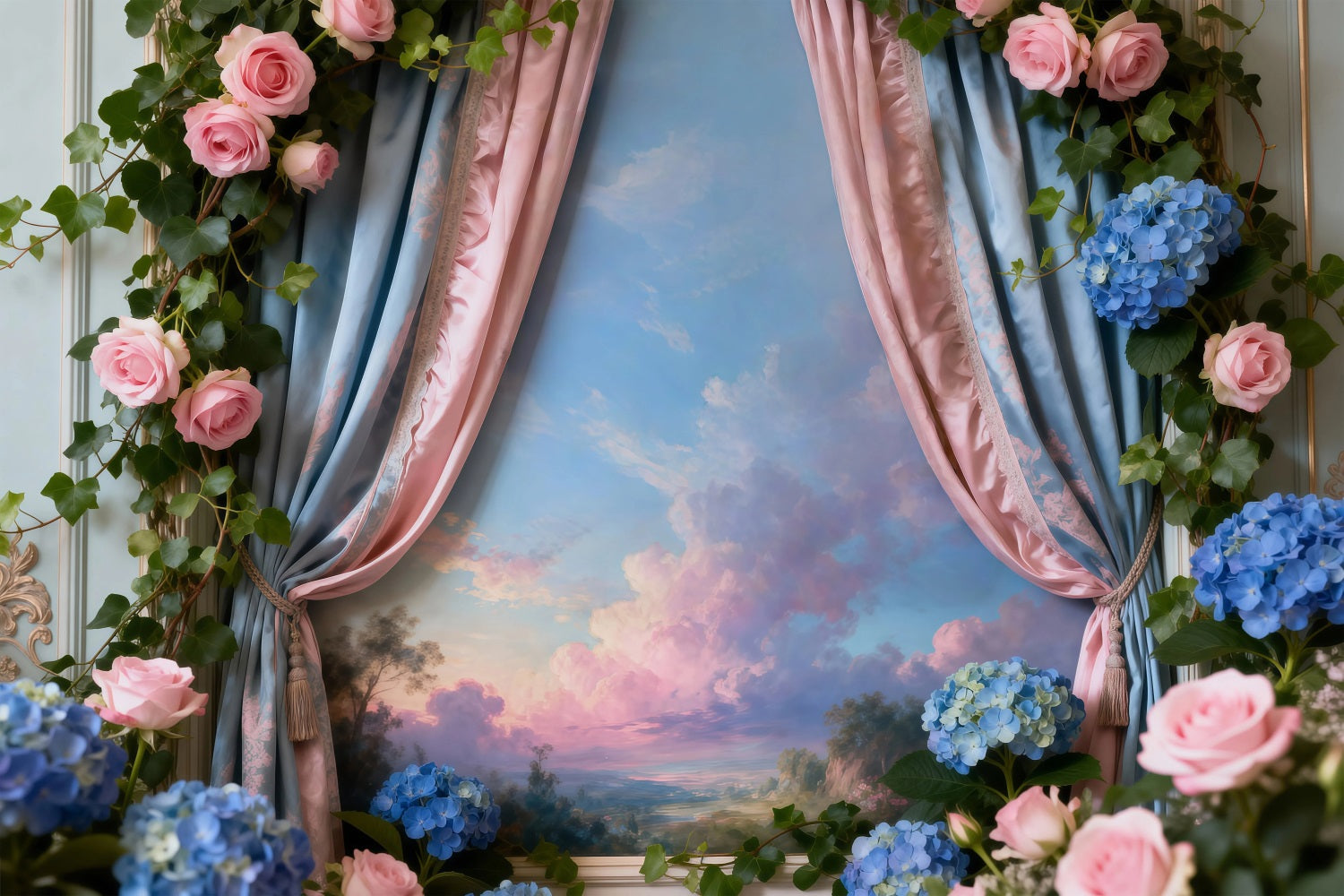 Spring Flower Backdrop Romantic Floral Window Sky View Floral Picture Backdrop RR62-42