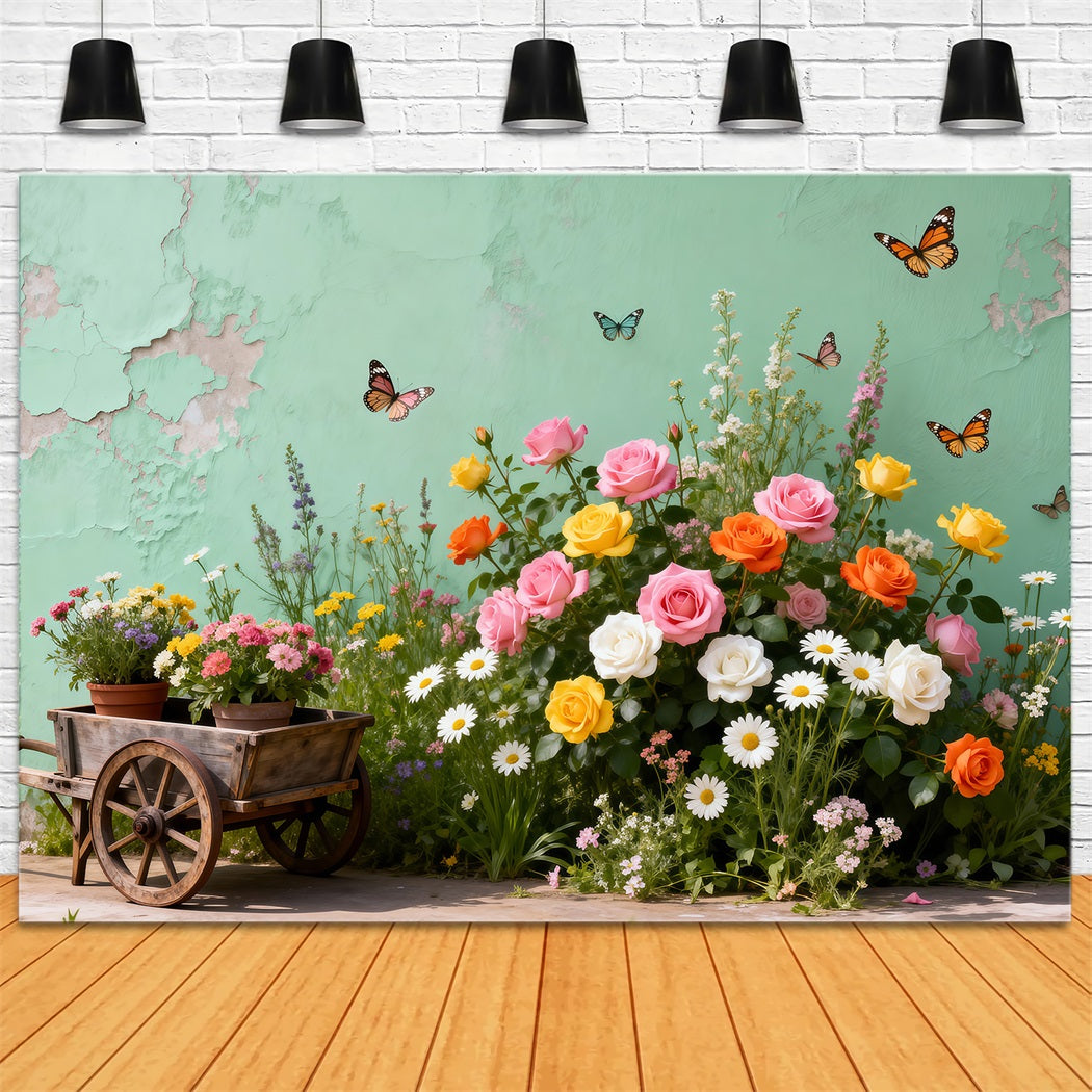 Butterfly Backdrop Vintage Garden Cart Floral Spring Backdrop For Pictures RR62-46