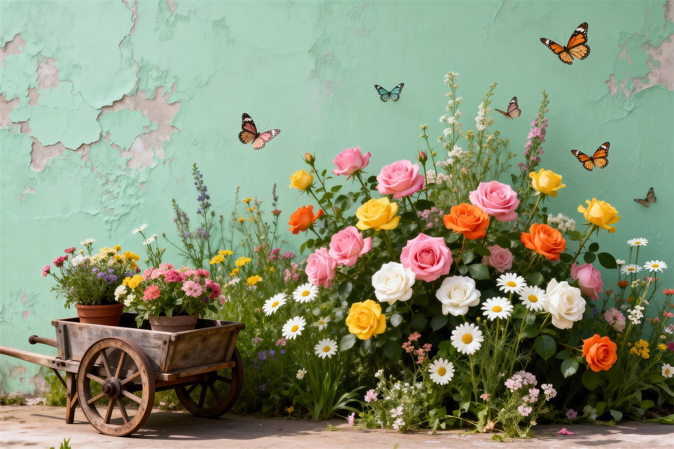 Butterfly Backdrop Vintage Garden Cart Floral Spring Backdrop For Pictures RR62-46