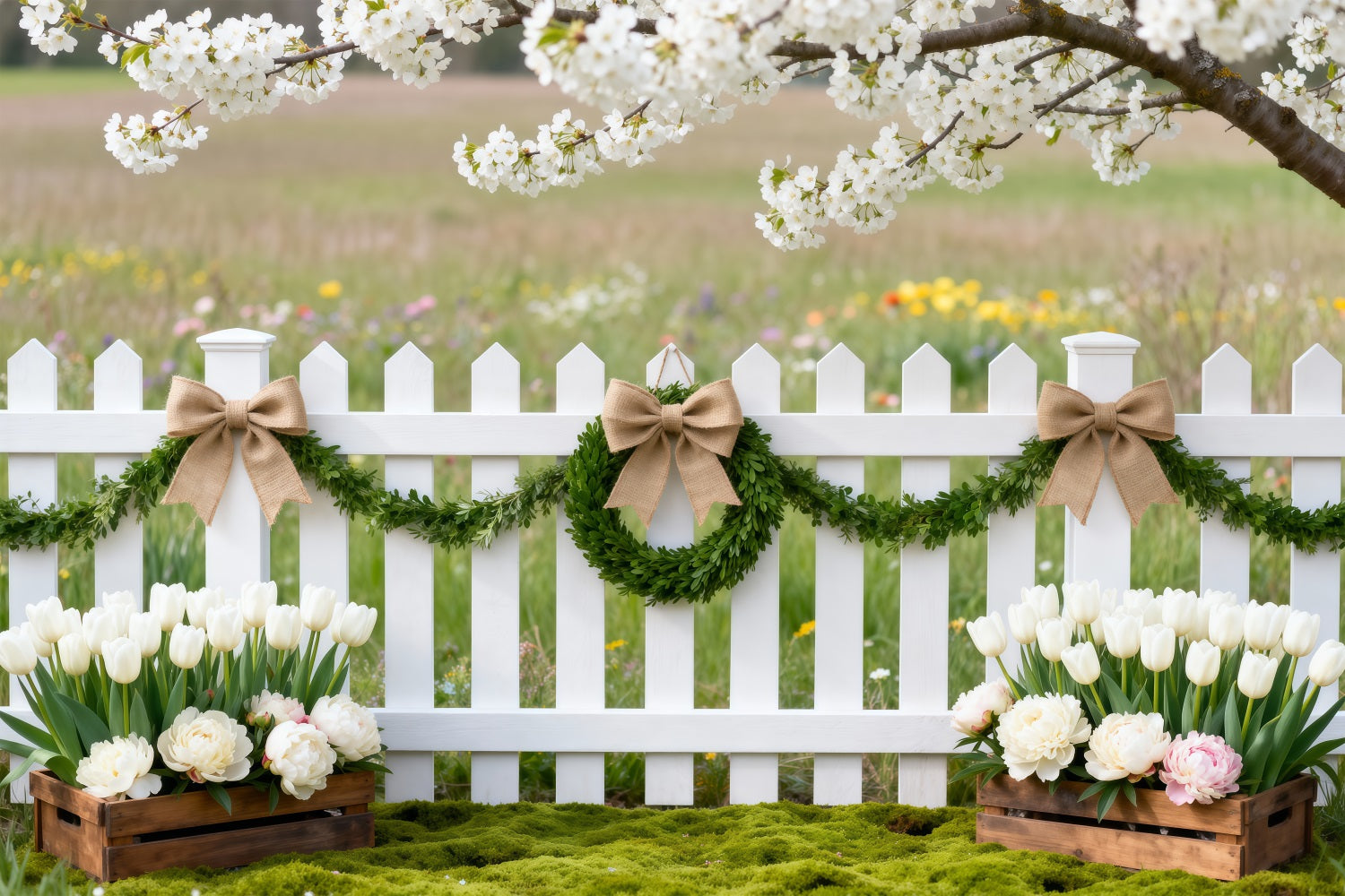 Cherry Blossoms Backdrop Wildflower Meadow Fence Tulip Spring Photo Backdrop Ideas RR62-47
