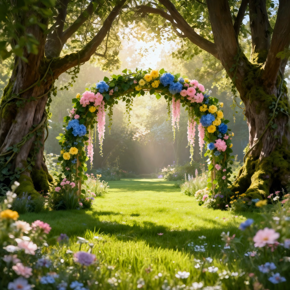 Spring Woodland Path Backdrop Sunlit Forest Floral Arch Springtime Backdrop RR62-48