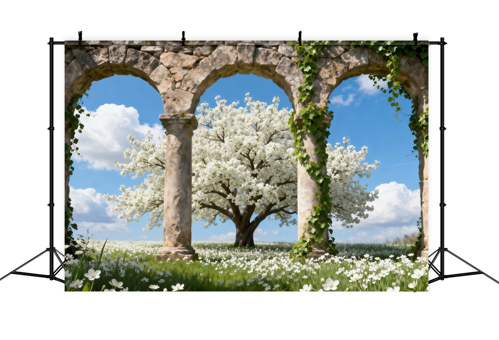 Cherry Blossom Tree Backdrop Stone Triple Arches Cloud Spring Theme Backdrop RR62-49