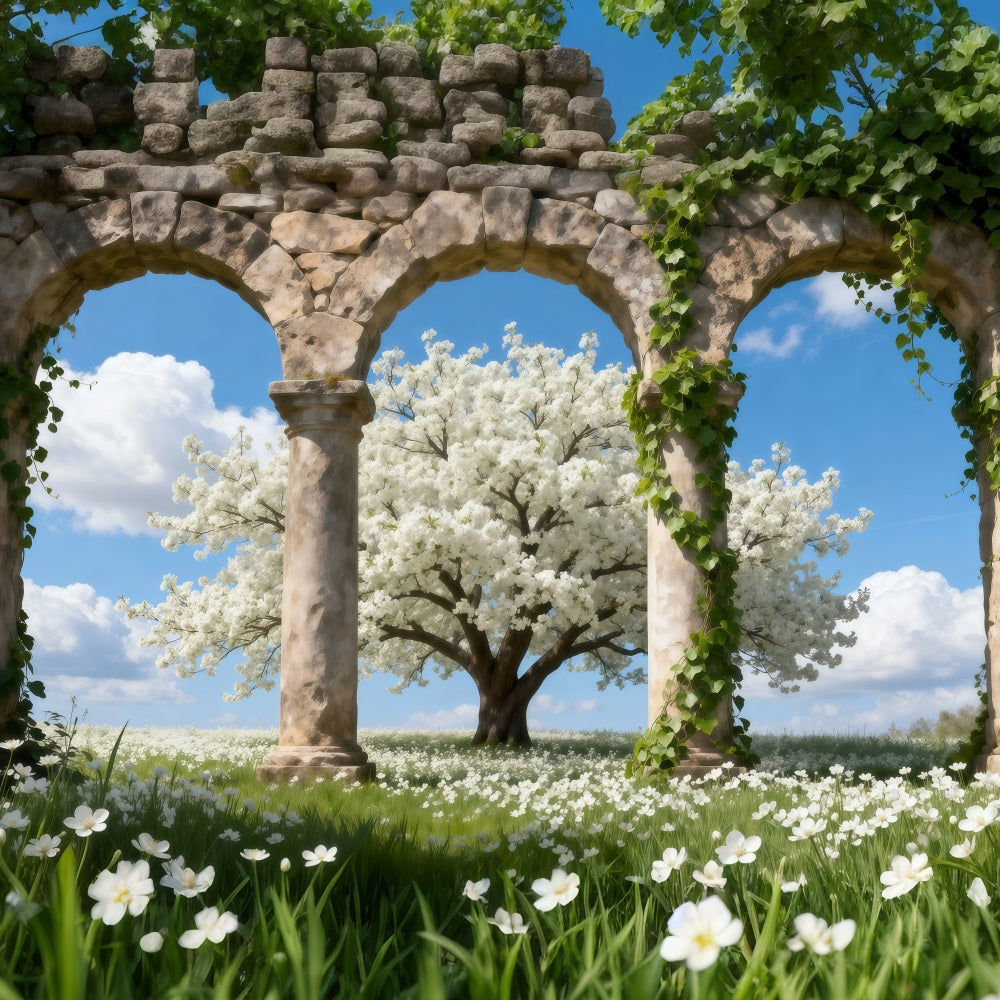 Cherry Blossom Tree Backdrop Stone Triple Arches Cloud Spring Theme Backdrop RR62-49