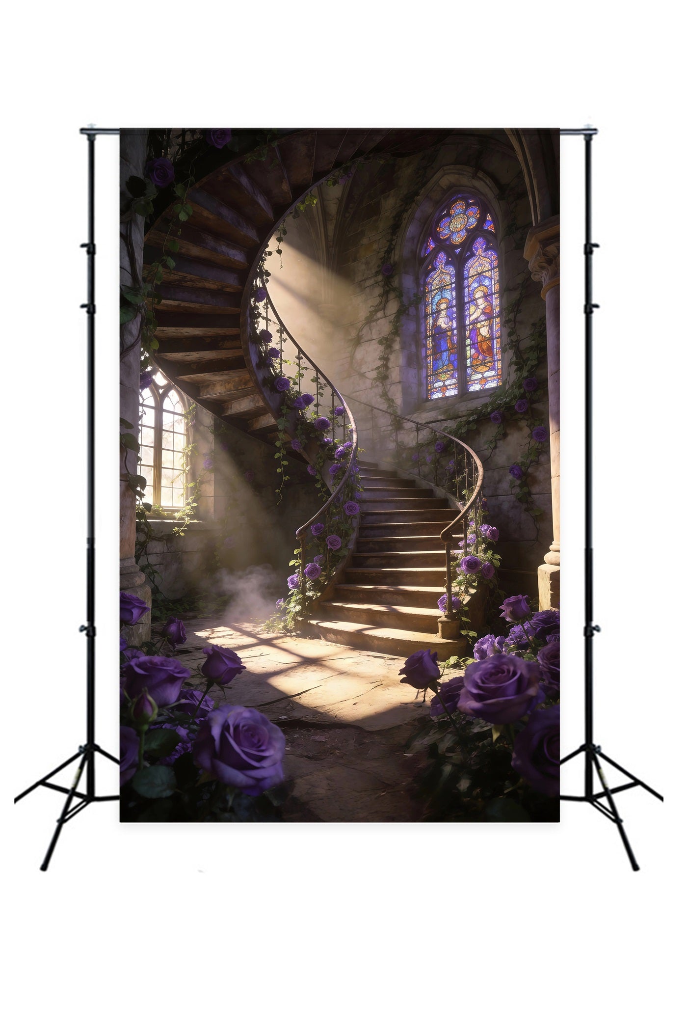 Spring Flowers Backdrop Purple Rose Spiral Staircase Floral Picture Backdrop RR62-50