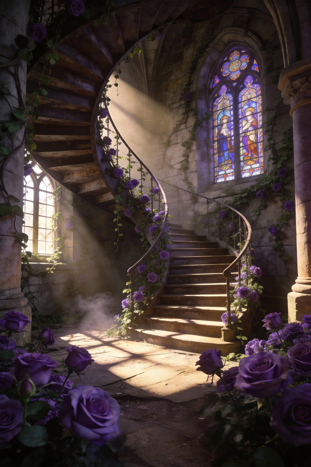 Spring Flowers Backdrop Purple Rose Spiral Staircase Floral Picture Backdrop RR62-50